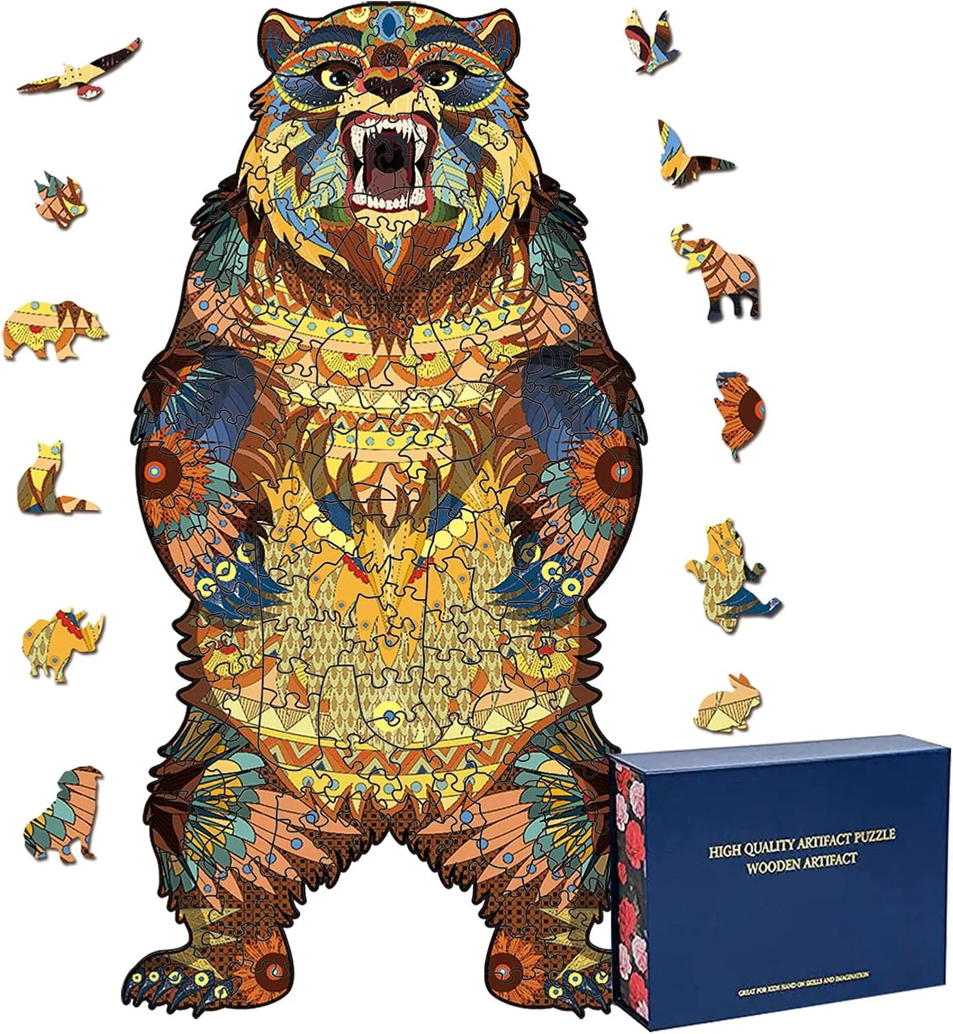 Wood Cut Puzzles, Wooden Jigsaw Puzzles, Animals Shaped Unique Wooden Puzzles for Adults and Kids, Cool Gadgets Magic Liberty Puzzles, Ferocious Beast Colorful Bear (Large 300 pcs)