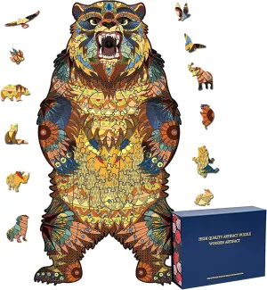 Wood Cut Puzzles, Wooden Jigsaw Puzzles, Animals Shaped Unique Wooden Puzzles for Adults and Kids, Cool Gadgets Magic Liberty Puzzles, Ferocious Beast Colorful Bear (Large 300 pcs)