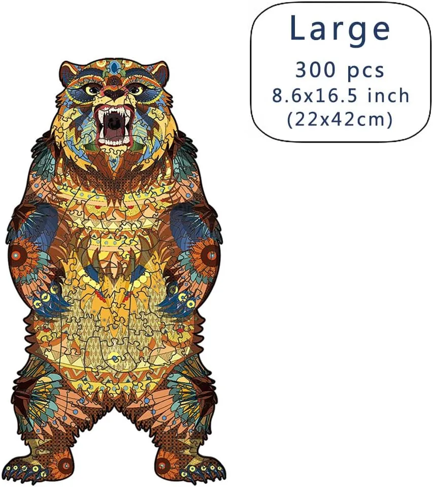 Wood Cut Puzzles, Wooden Jigsaw Puzzles, Animals Shaped Unique Wooden Puzzles for Adults and Kids, Cool Gadgets Magic Liberty Puzzles, Ferocious Beast Colorful Bear (Large 300 pcs)