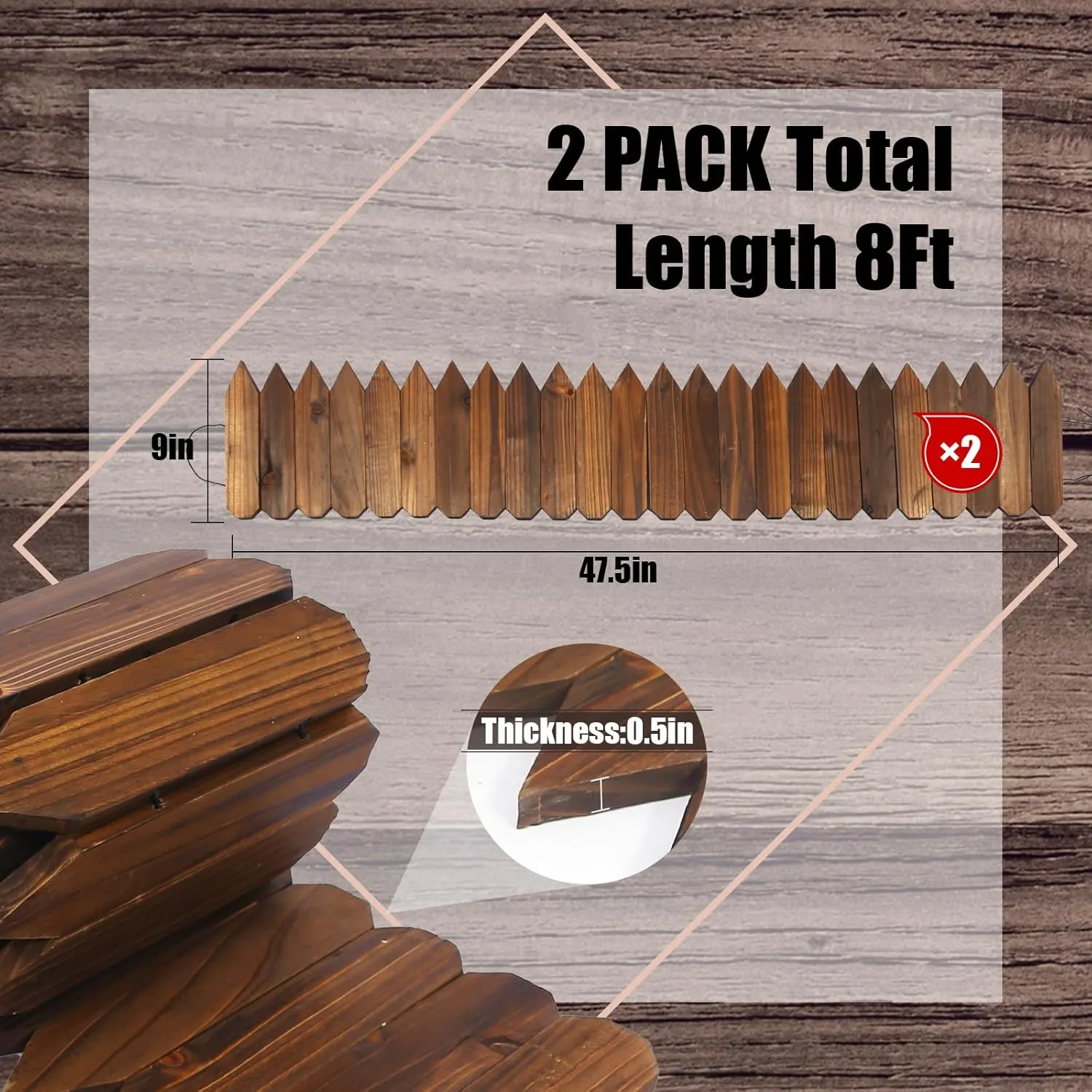 Wood Garden Fence Landscape Edging Yard Flower Bed Lawn Spring Garden Border Edge Wooden Flexible Picket Fence Outdoor DIY with 10 Butterfly Decor 9" H x 3.96 Ft L (2 Pack)
