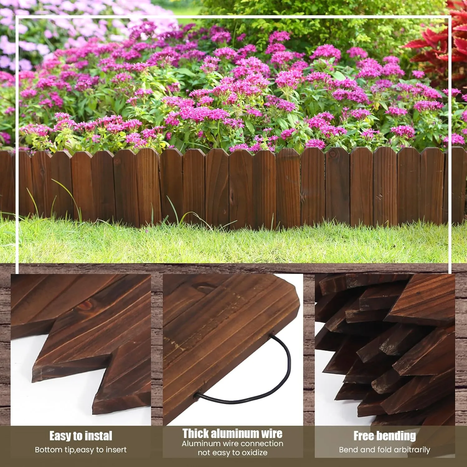 Wood Garden Fence Landscape Edging Yard Flower Bed Lawn Spring Garden Border Edge Wooden Flexible Picket Fence Outdoor DIY with 10 Butterfly Decor 9" H x 3.96 Ft L (2 Pack)