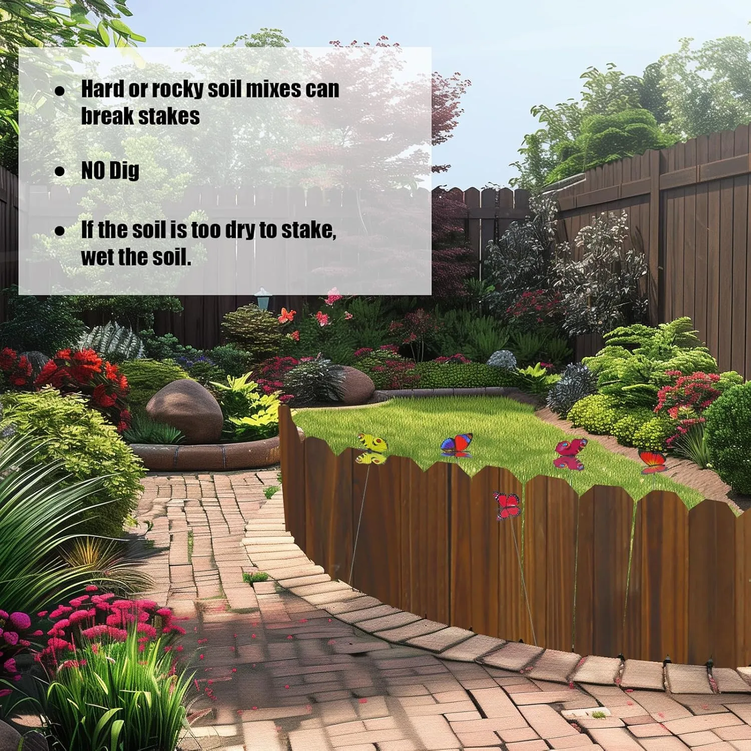 Wood Garden Fence Landscape Edging Yard Flower Bed Lawn Spring Garden Border Edge Wooden Flexible Picket Fence Outdoor DIY with 10 Butterfly Decor 9" H x 3.96 Ft L (2 Pack)
