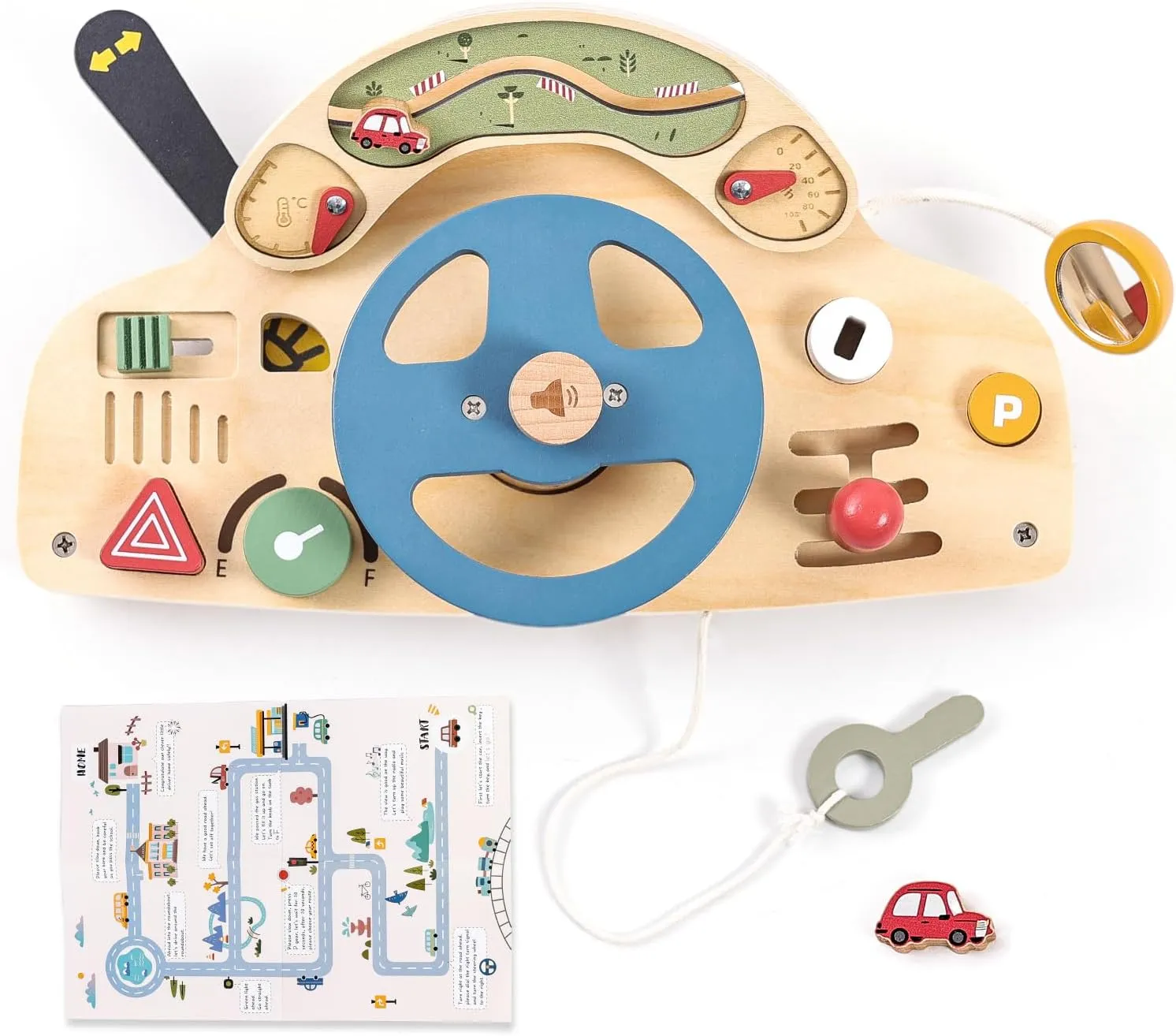 Wooden Montessori Busy Board for 1 2 3 4 Year Old, Steering Wheel Toy, Sensory Board Activity Board for Fine Motor Skills, Travel Busy Board Educational Sensory Toys for Baby, Toddlers