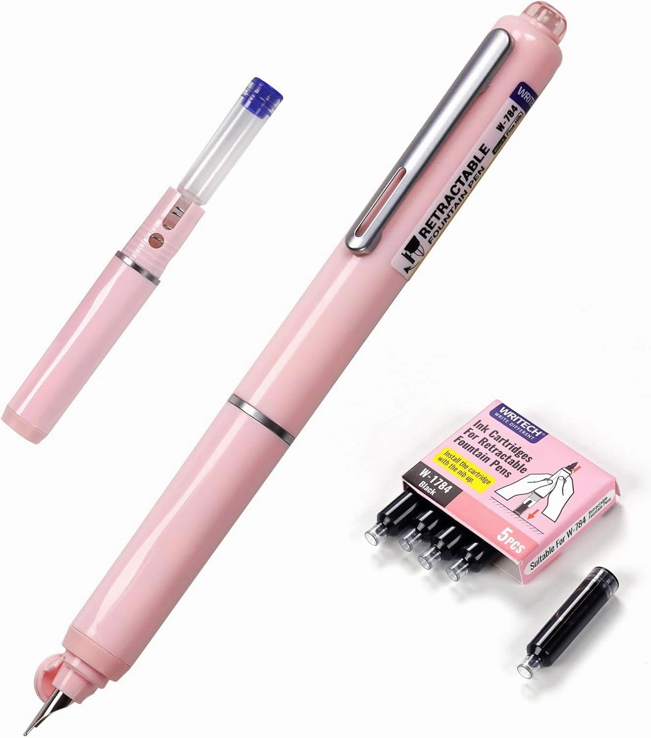 WRITECH Fountain Pen Black Ink: Retractable Fine Nib Pens Set Includes 5 Ink Cartridges Smooth Writing for Calligraphy Journaling Doodling Sketching Gift (Pink)