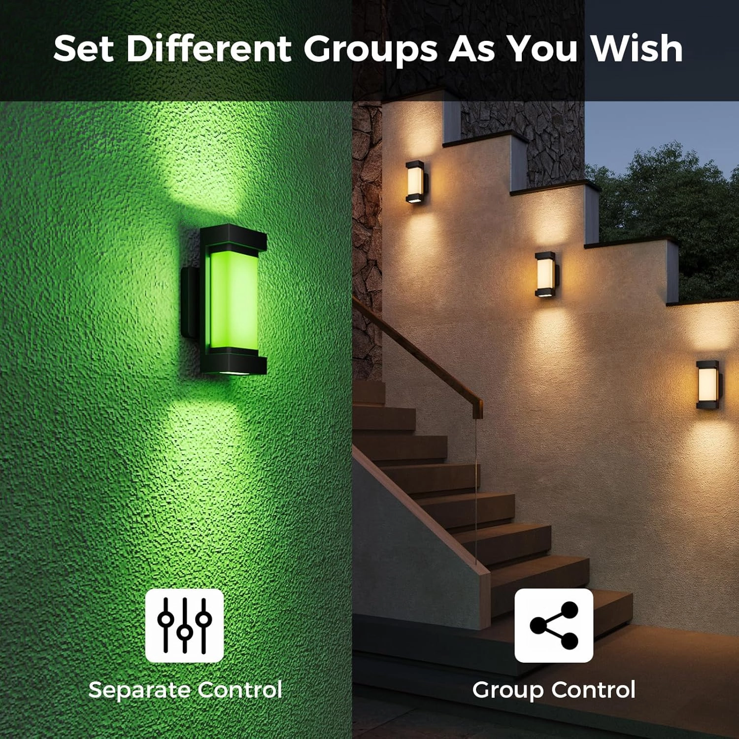 XMCOSY  Outdoor Wall Lights, 2100LM Smart LED Porch Lights Outdoor, RGBCW Exterior Lighting Sconce, Wi-Fi Control, Compatible with Alexa, IP65 Waterproof, 2 Pack