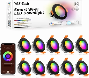 YGS-Tech Smart 2 Inch Recessed Lighting, WiFi LED Downlight 5W 120V, Compatible with Alexa and Google Home, Dimmable RGB & CCT 2700-6500K, Black Trim, LED Ceiling Light with Driver (10 Pack)