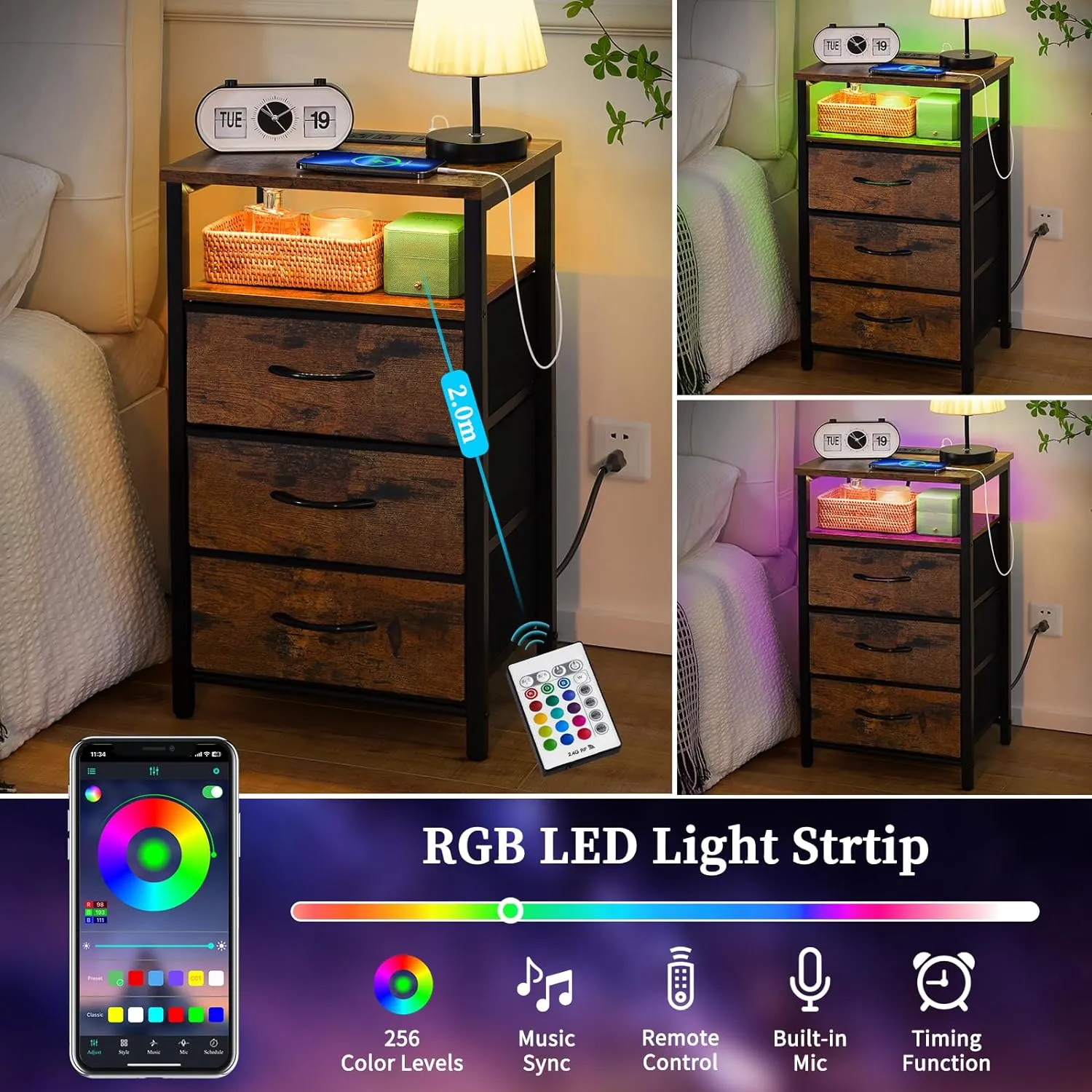 Yoobure Night Stand with Charging Station, 16 Colors LED Nightstand with USB Ports and Outlets, End Table with 3 Fabric Drawers and Storage Shelf, Bedside Tables Small Dresser for Small Space Brown