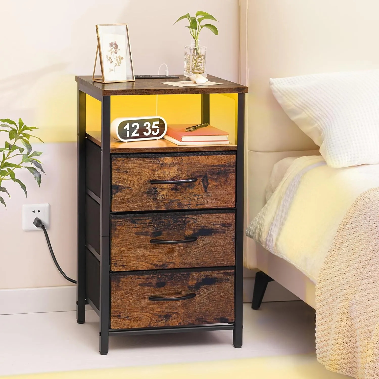 Yoobure Night Stand with Charging Station, 16 Colors LED Nightstand with USB Ports and Outlets, End Table with 3 Fabric Drawers and Storage Shelf, Bedside Tables Small Dresser for Small Space Brown