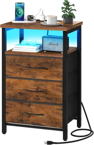 Yoobure Night Stand with Charging Station, 16 Colors LED Nightstand with USB Ports and Outlets, End Table with 3 Fabric Drawers and Storage Shelf, Bedside Tables Small Dresser for Small Space Brown