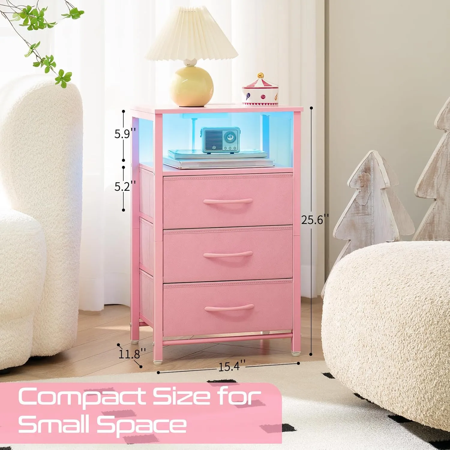 Yoobure Night Stand with Charging Station, 16 Colors LED Nightstand with USB Ports and Outlets, End Table with 3 Fabric Drawers and Storage Shelf, Bedside Tables Small Dresser for Small Space Pink