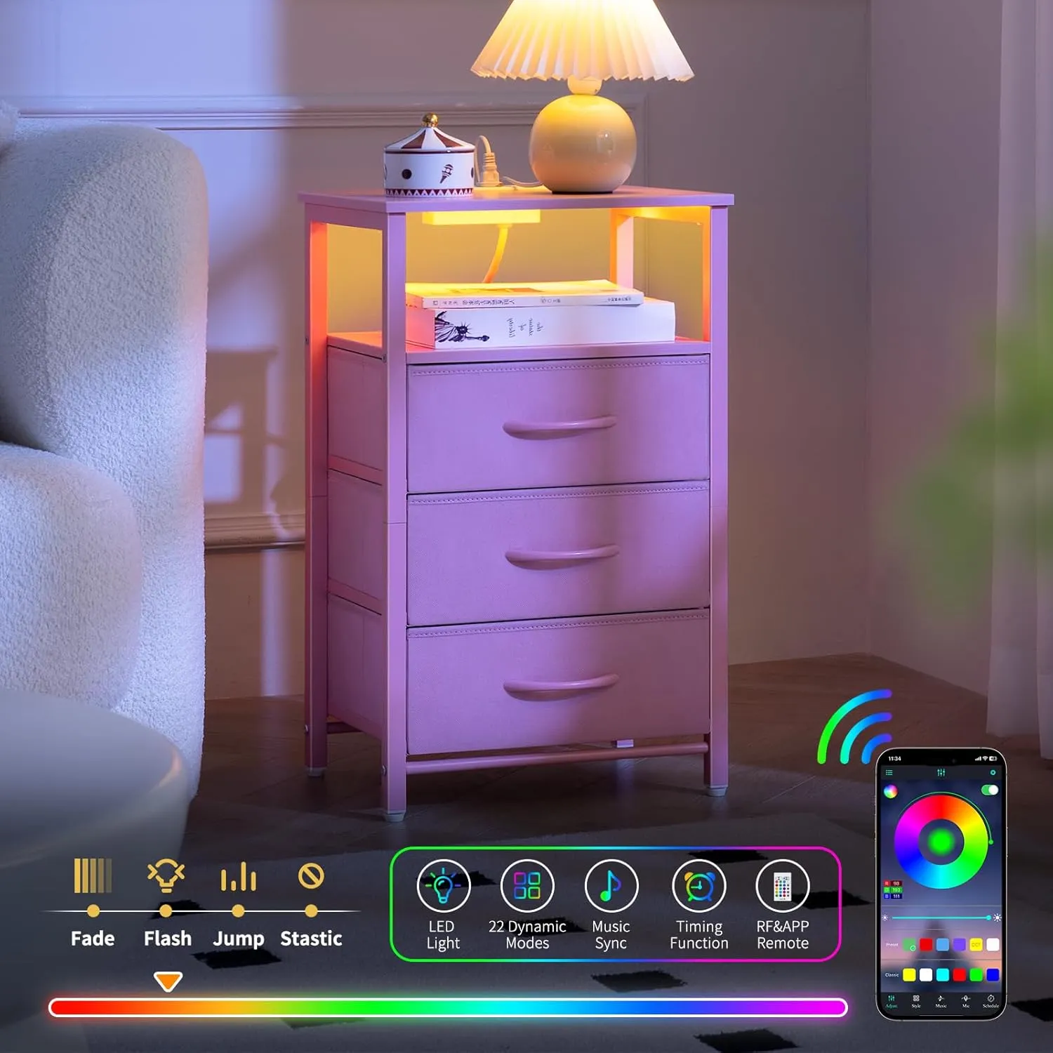 Yoobure Night Stand with Charging Station, 16 Colors LED Nightstand with USB Ports and Outlets, End Table with 3 Fabric Drawers and Storage Shelf, Bedside Tables Small Dresser for Small Space Pink