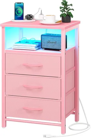 Yoobure Night Stand with Charging Station, 16 Colors LED Nightstand with USB Ports and Outlets, End Table with 3 Fabric Drawers and Storage Shelf, Bedside Tables Small Dresser for Small Space Pink