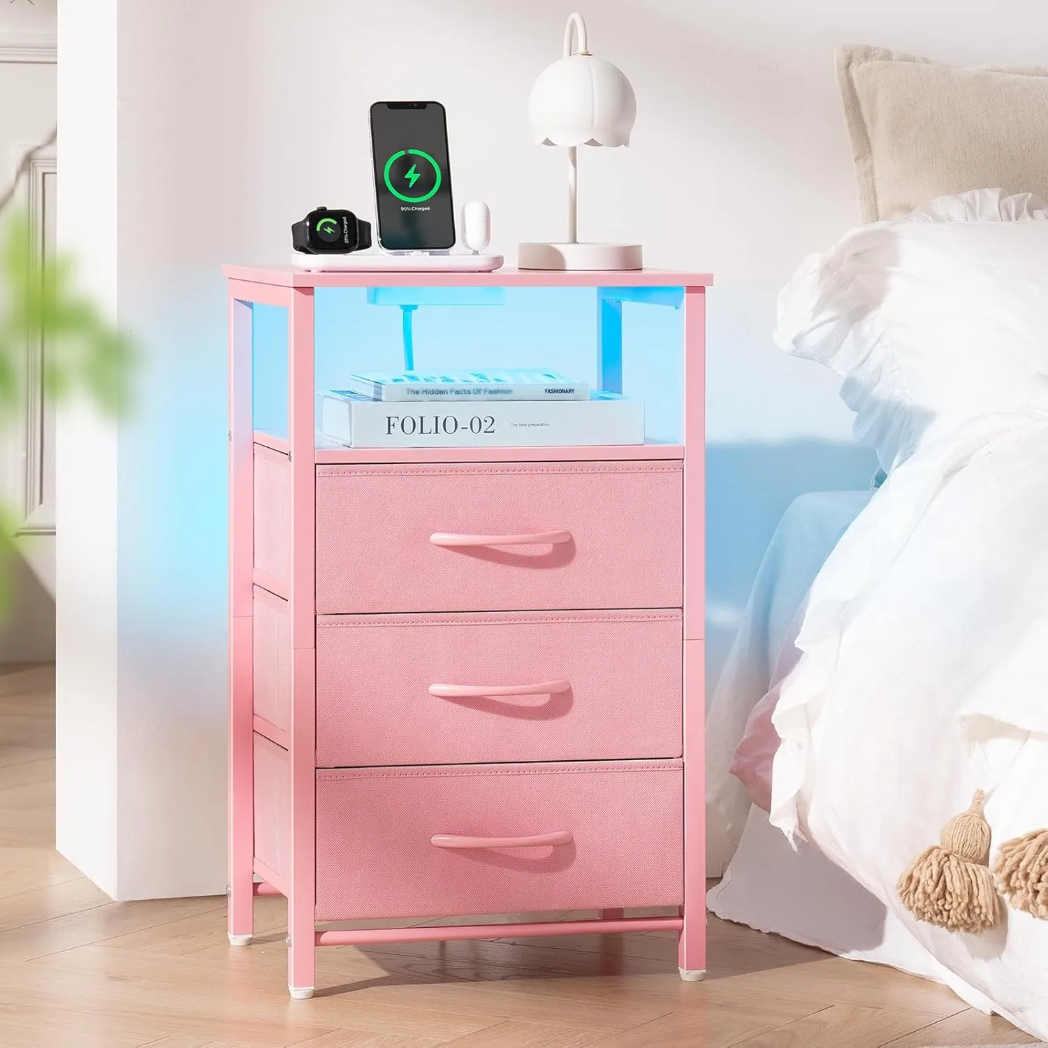 Yoobure Night Stand with Charging Station, 16 Colors LED Nightstand with USB Ports and Outlets, End Table with 3 Fabric Drawers and Storage Shelf, Bedside Tables Small Dresser for Small Space Pink