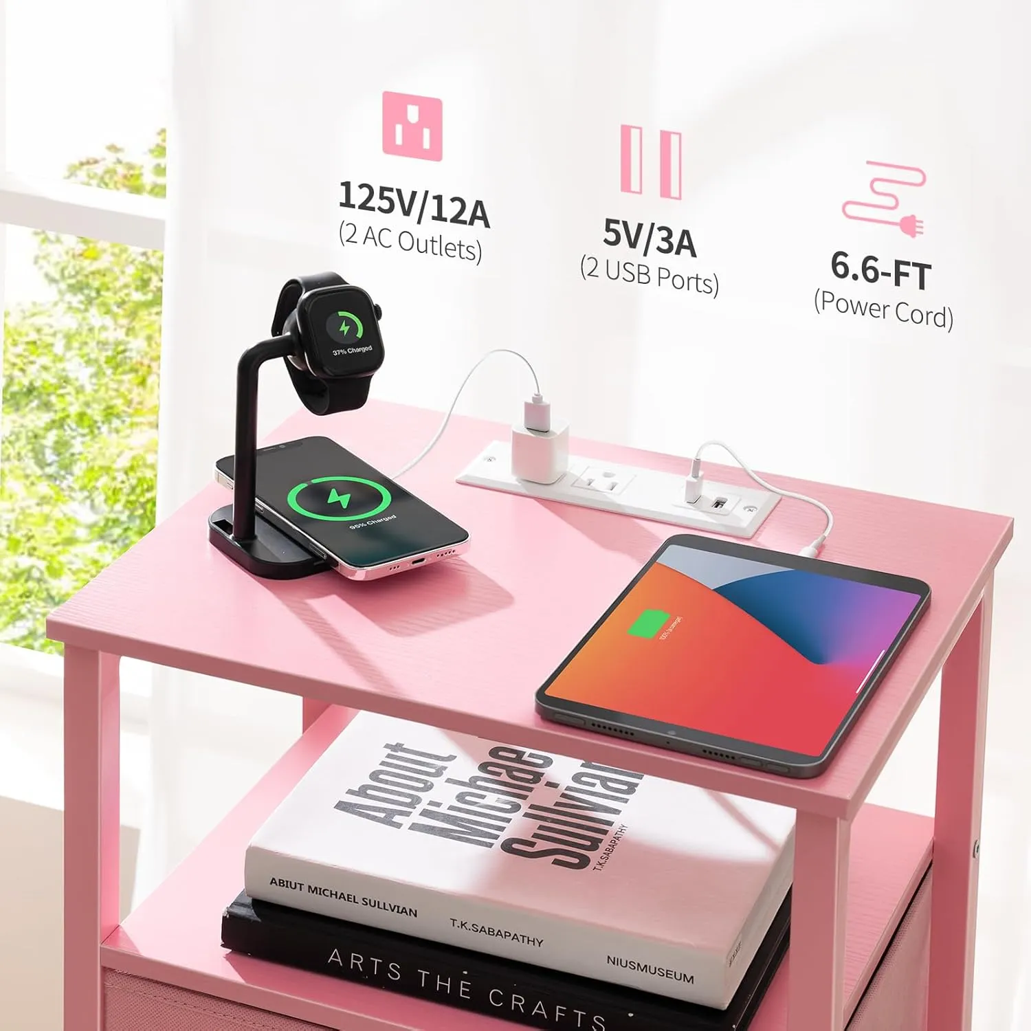 Yoobure Night Stand with Charging Station, 16 Colors LED Nightstand with USB Ports and Outlets, End Table with 3 Fabric Drawers and Storage Shelf, Bedside Tables Small Dresser for Small Space Pink