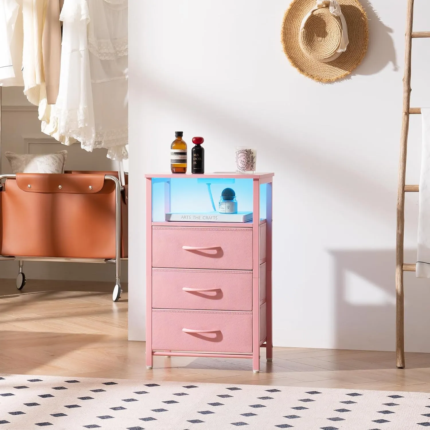 Yoobure Night Stand with Charging Station, 16 Colors LED Nightstand with USB Ports and Outlets, End Table with 3 Fabric Drawers and Storage Shelf, Bedside Tables Small Dresser for Small Space Pink