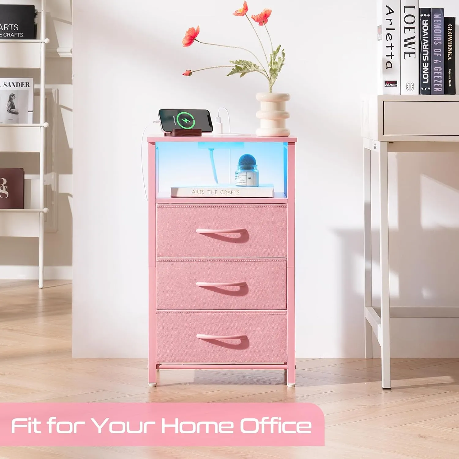 Yoobure Night Stand with Charging Station, 16 Colors LED Nightstand with USB Ports and Outlets, End Table with 3 Fabric Drawers and Storage Shelf, Bedside Tables Small Dresser for Small Space Pink