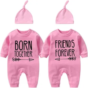 YSCULBUTOL Baby Twins Bodysuit with hat Born Together Friend Forever Baby boy Clothes Toddler Girl Clothes