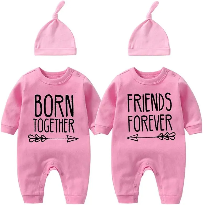 YSCULBUTOL Baby Twins Bodysuit with hat Born Together Friend Forever Baby boy Clothes Toddler Girl Clothes