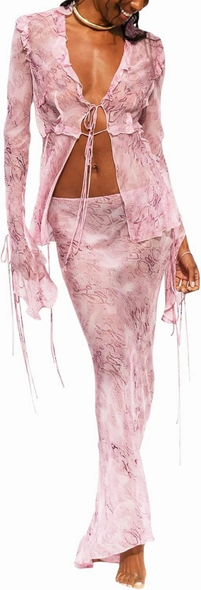 Yuemengxuan Women Going out Maxi Skirts Set Low Cut Lace Trim Cami Top Crop Top High Waist Bodycon Maxi Skirt 2Pcs Outfits