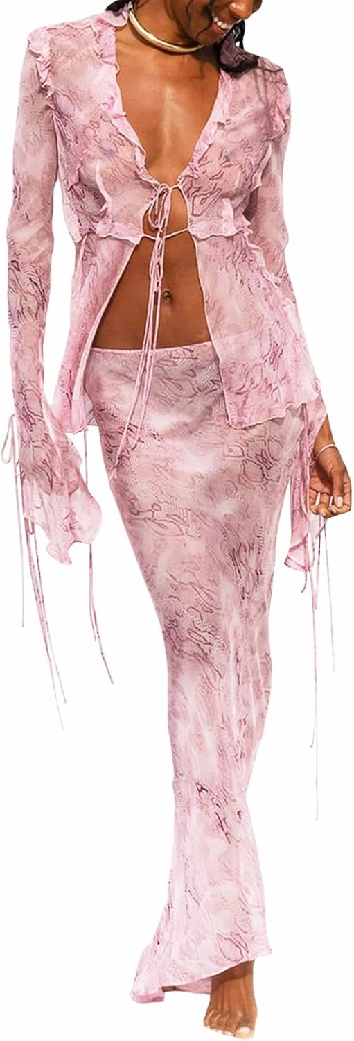 Yuemengxuan Women Going out Maxi Skirts Set Low Cut Lace Trim Cami Top Crop Top High Waist Bodycon Maxi Skirt 2Pcs Outfits