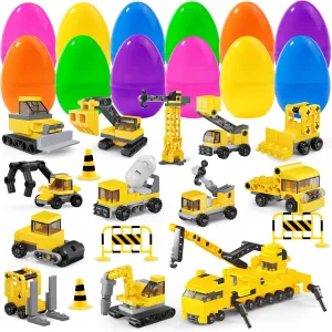 YUJUN 12 Packs Easter Eggs Prefilled with Building Blocks Construction Vehicles Car Surprise Toys for Kids Easter Egg Basket Stuffers Fillers Eggs Hunt Presents Party Favors 12 in 1