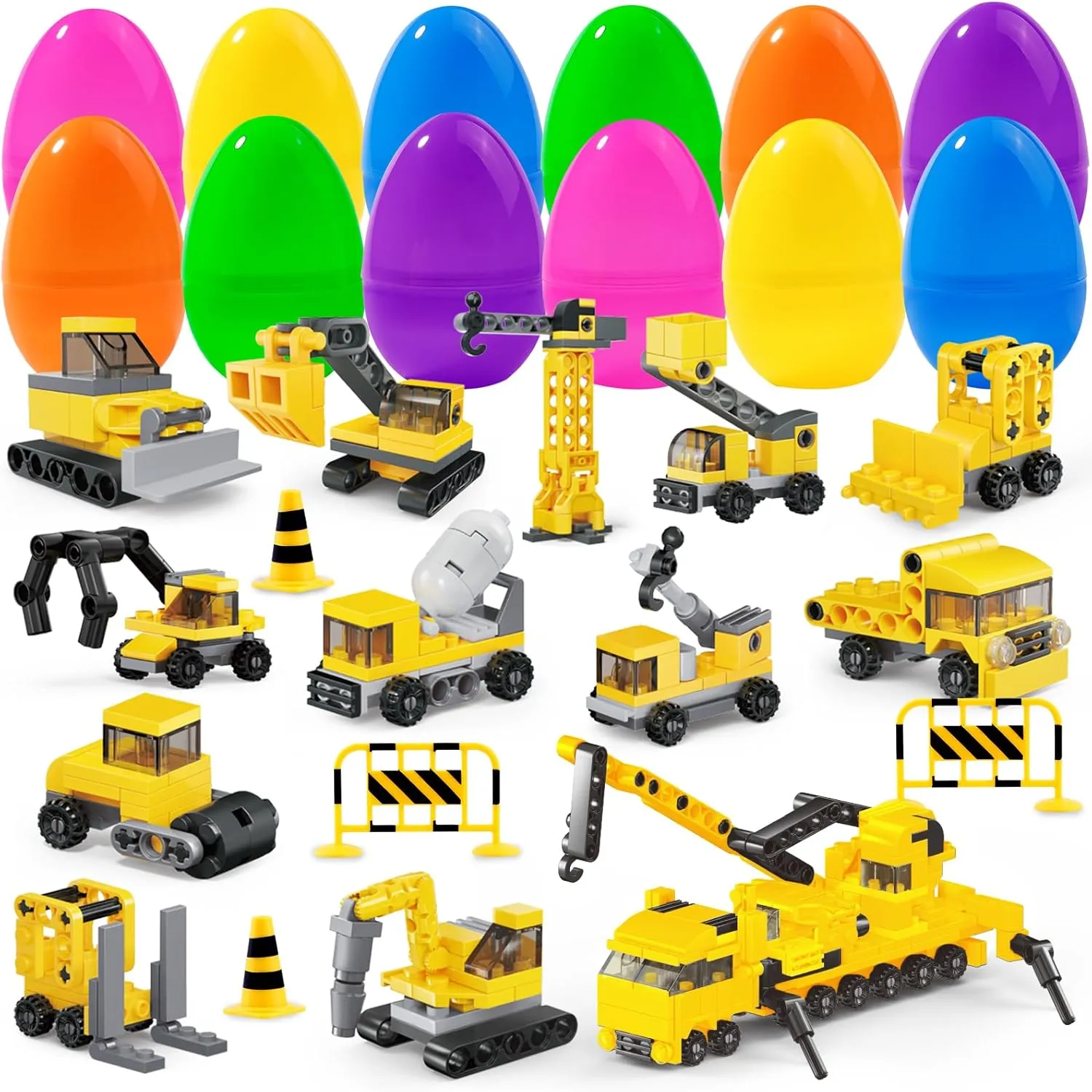 YUJUN 12 Packs Easter Eggs Prefilled with Building Blocks Construction Vehicles Car Surprise Toys for Kids Easter Egg Basket Stuffers Fillers Eggs Hunt Presents Party Favors 12 in 1