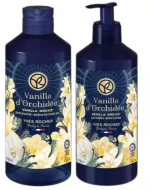Yves Rocher Vanilla & Orchid Moisturising Body Milk Lotion and Shower Gel Set of 2 Limited Edition Christams New Year 390 ml./13.1 fl.oz. and 400 ml./13.5 fl.oz.