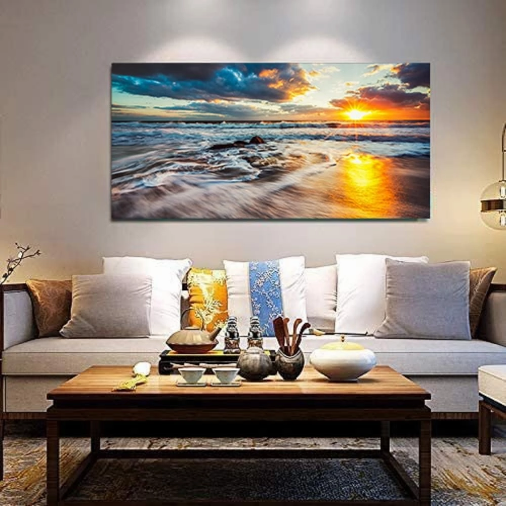 Yxbhhym-Beach Decor Ocean Canvas Wall Art Bedroom Sunset Seascape Pictures Sunrise Painting Poster Sea Waves Print scenery Wall Decoration Framed Ocean Artwork for Wall Art living Room Décor