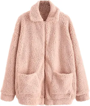 ZAFUL Women's Fluffy Jacket Hooded Shearling Cardigan Faux Fur Zip Up Fleece Cropped Sweatshirts Teddy Coat
