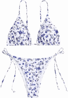 ZAFUL Women's Sexy Triangle Bikini Set Cami String Swimwear Texture High Cut Thong Swimsuit Cheeky Two Piece Bathing Suit