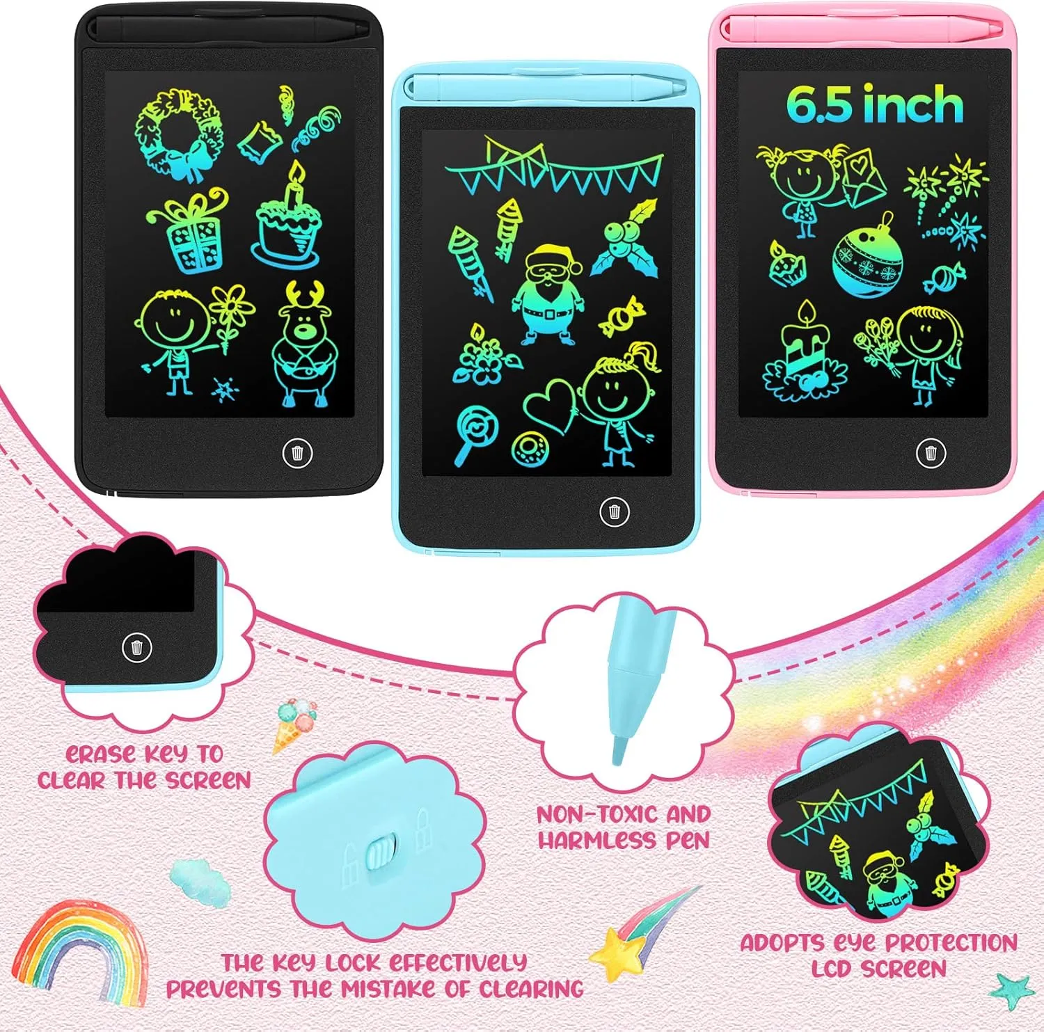 Zhehao 8 Pcs LCD Writing Tablet 6.5 Inch Colorful Drawing Board Educational Kids Doodle Pad for Aged 3-6 Girls Boys Office Gifts(Black, Pink, Blue)